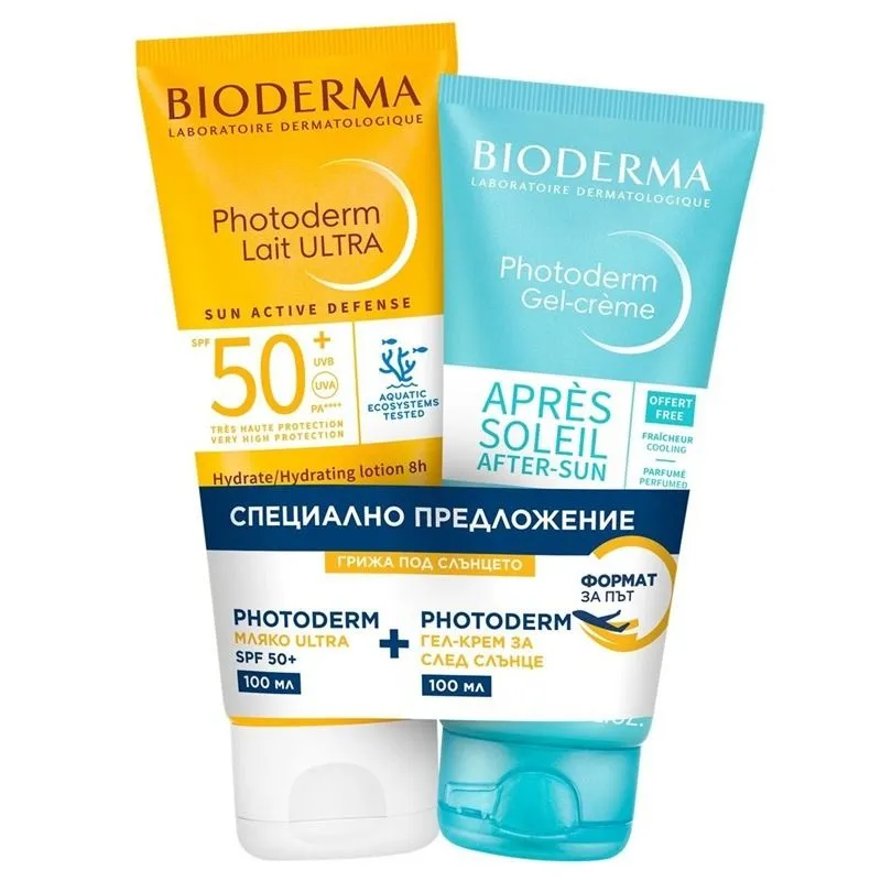 Комплектът съдържа: Биодерма Фотодерм Лайт Ултра Мляко SPF50+ 100 мл + Биодерма Фотодерм Апре Солей гел крем за след слънце 100 мл